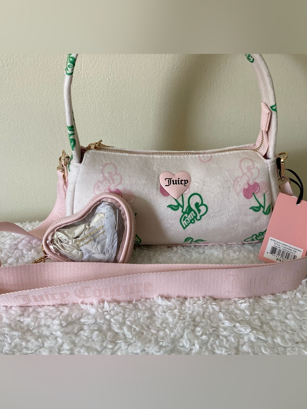 NWT Juicy Couture retro cherry gelato crossbody bag/satchel/purse, cream/pink/gr